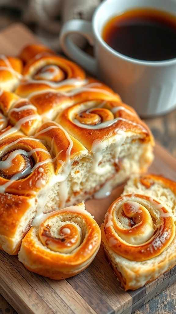 Golden brown cinnamon roll focaccia bread with icing, served on a wooden board.
